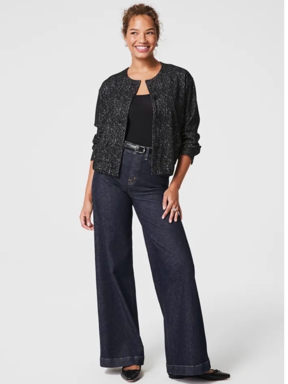 SPANX Herringbone Ponte Knit Bomber Jacket Black White Soft Business Casual - Picture 2 of 10